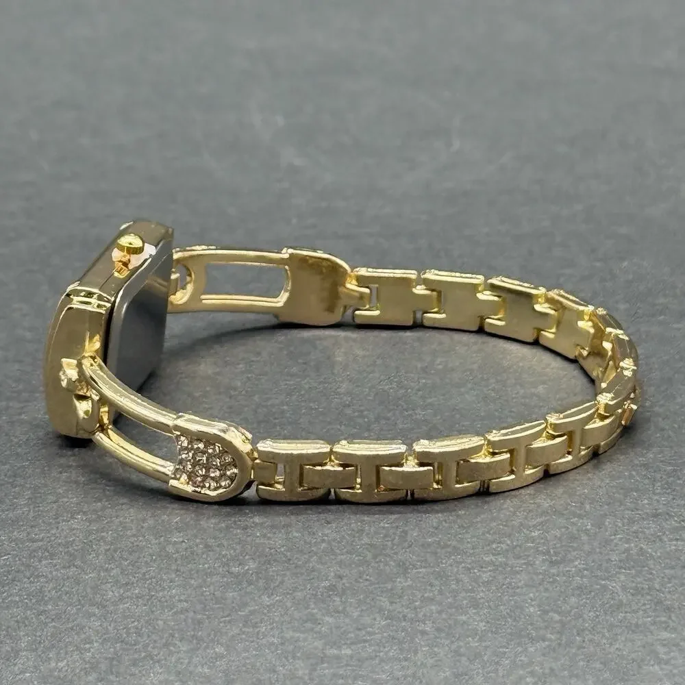 Gold Tone Watch Charm Bracelet Set 3 Pc Rhinestone Pink Dial Pear Cut Crystal